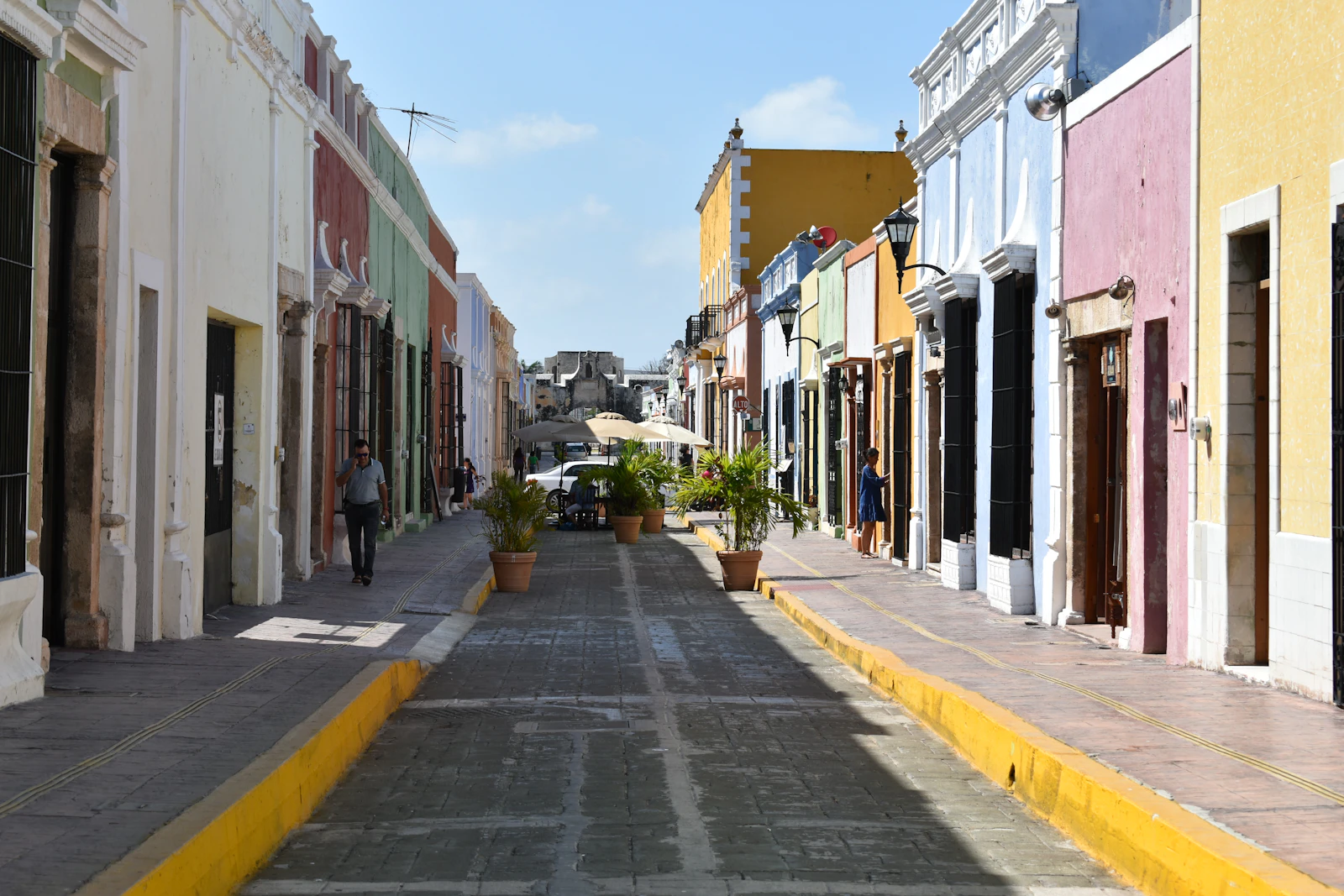 A street of painted colonial houses inside the walls of Campeche