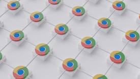A series of three-dimensional Chrome logos arranged in a grid pattern on a white background. Each logo is positioned on a small white cube, creating an orderly and repetitive layout.