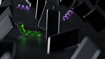A surreal scene featuring a green, worm-like object with a glossy, translucent appearance. It is set among numerous floating, black rectangular shapes resembling smartphones. In the background, two abstract, purple spiral forms add to the sense of surrealism and abstraction.