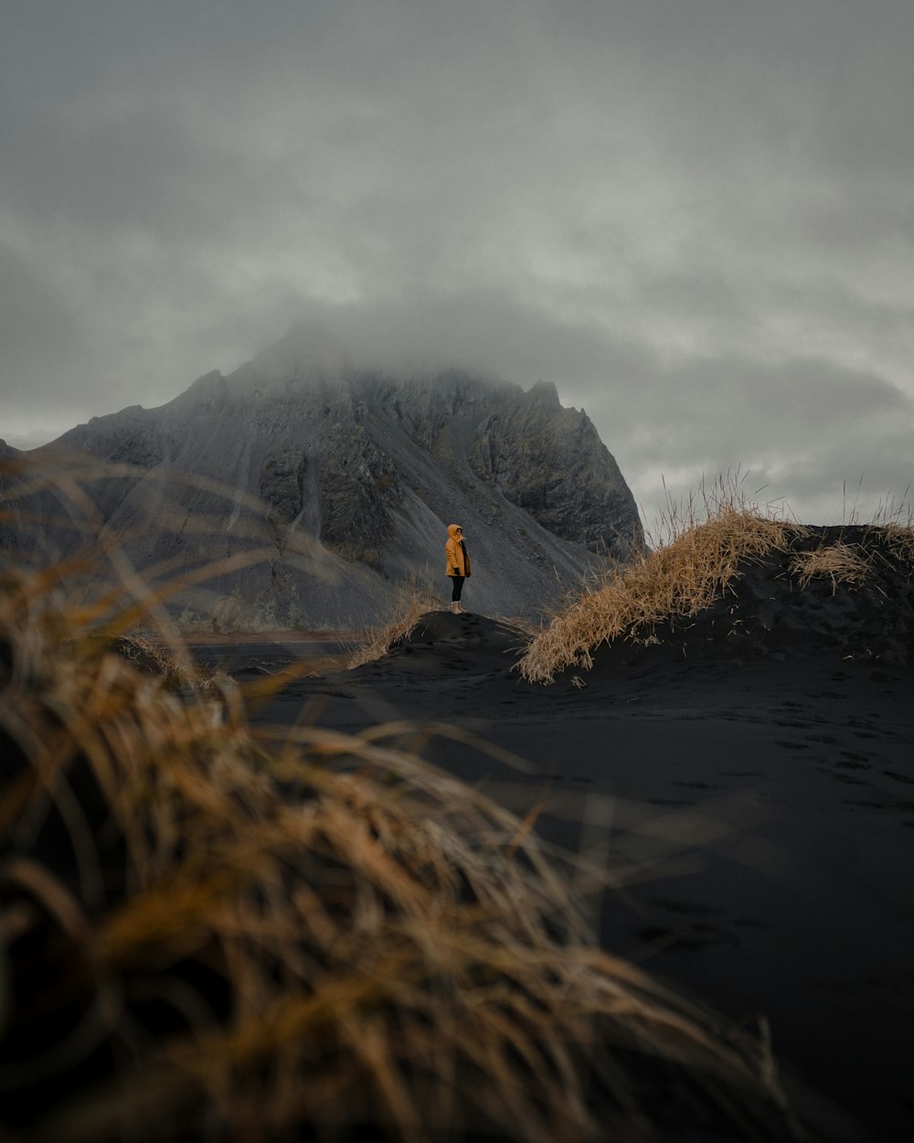 a person walking on a path in a foggy landscape