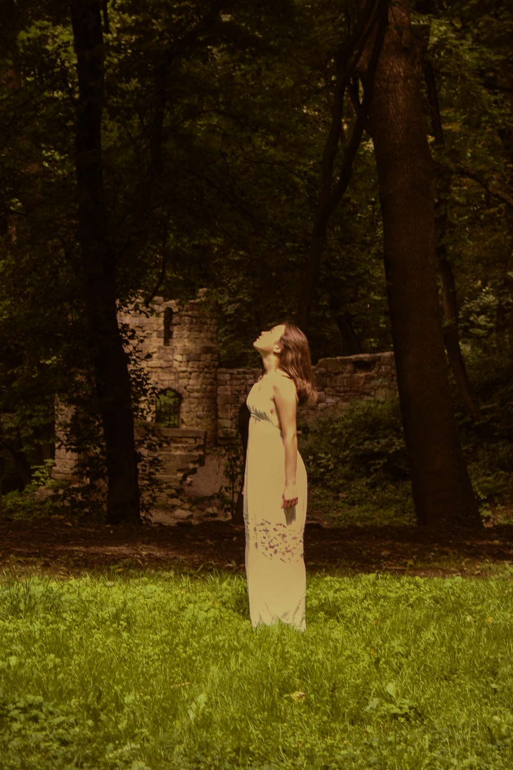 a person in a dress standing in a grassy area with trees and a brick building in the background