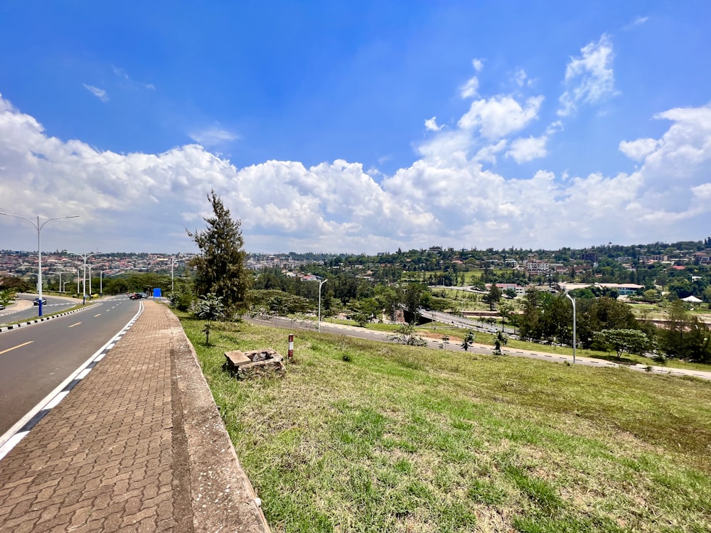 une route avec de l’herbe et des arbres sur le côté