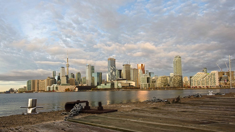 a city skyline across the water