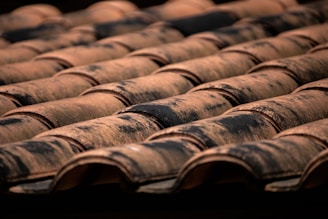 Rows of terracotta roof tiles are neatly aligned, with visible signs of weathering and aging. The tiles have a natural reddish-brown color with patches of dark discoloration, possibly due to moss or dirt.