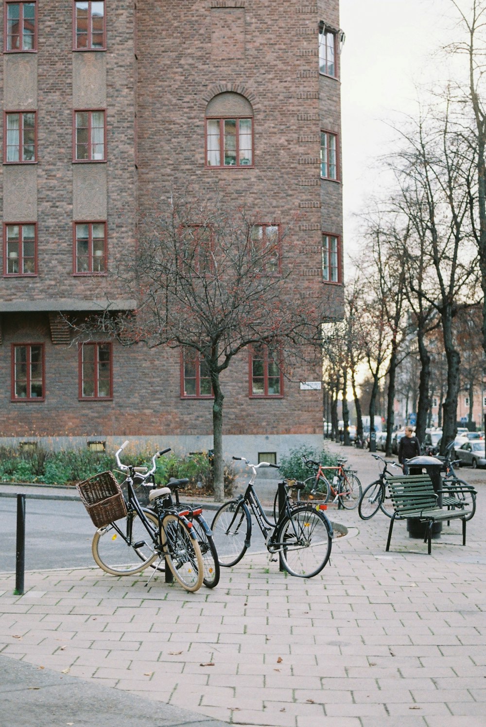 bicycles parked on a sidewalk