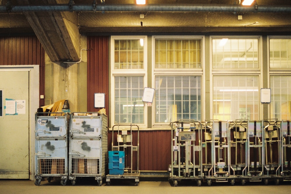 a warehouse with several large metal containers