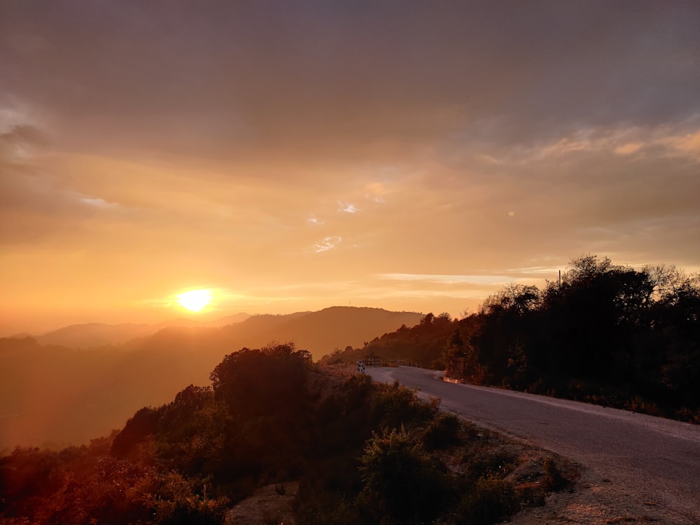 a road with trees and a sunset