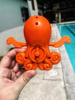 An orange plastic octopus toy is being held by a hand near a swimming pool. The toy appears to be a spray or water toy, with a circular mechanism visible on its back. The background shows a blurred poolside area, with water visible on the right.