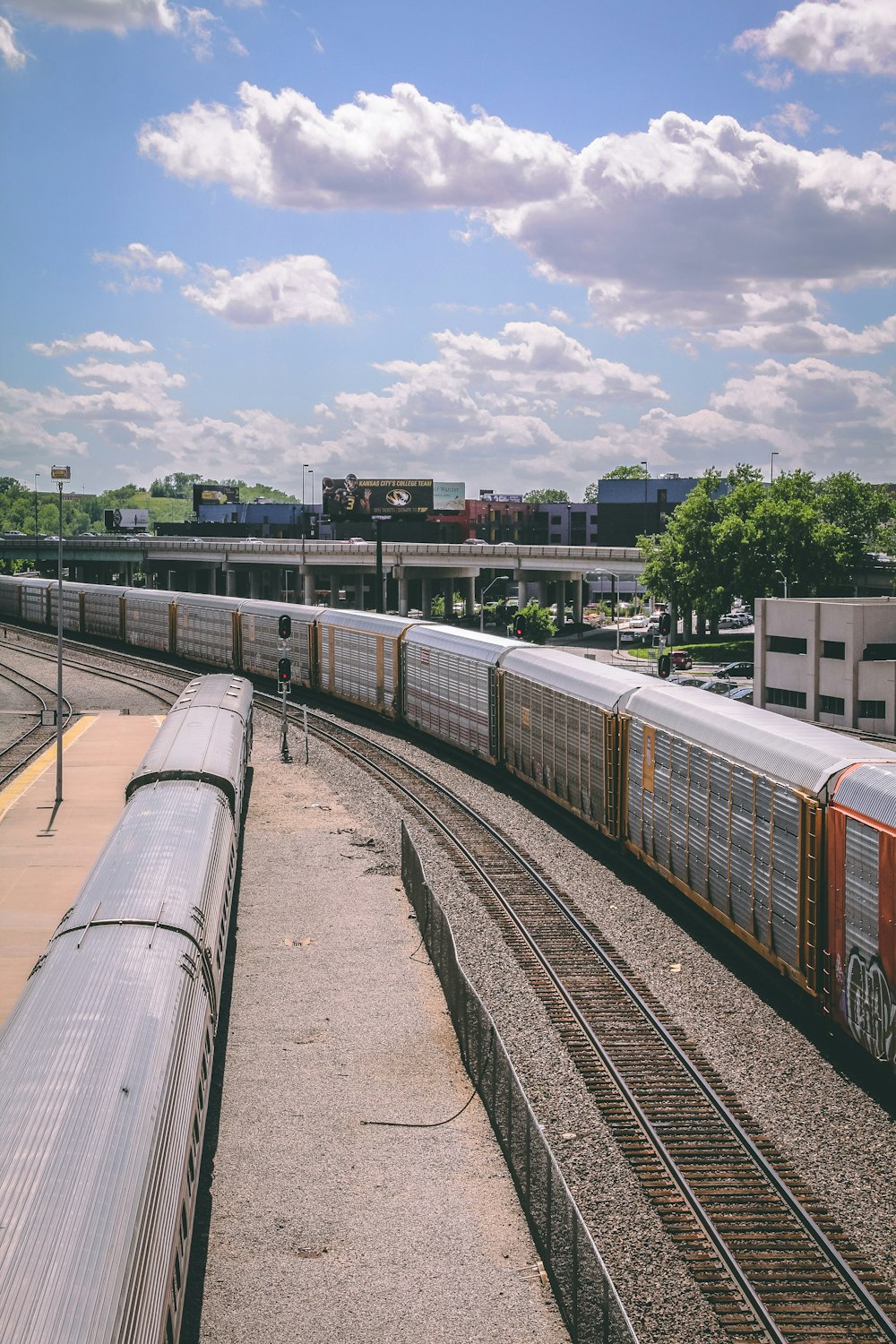 a train travels down the tracks