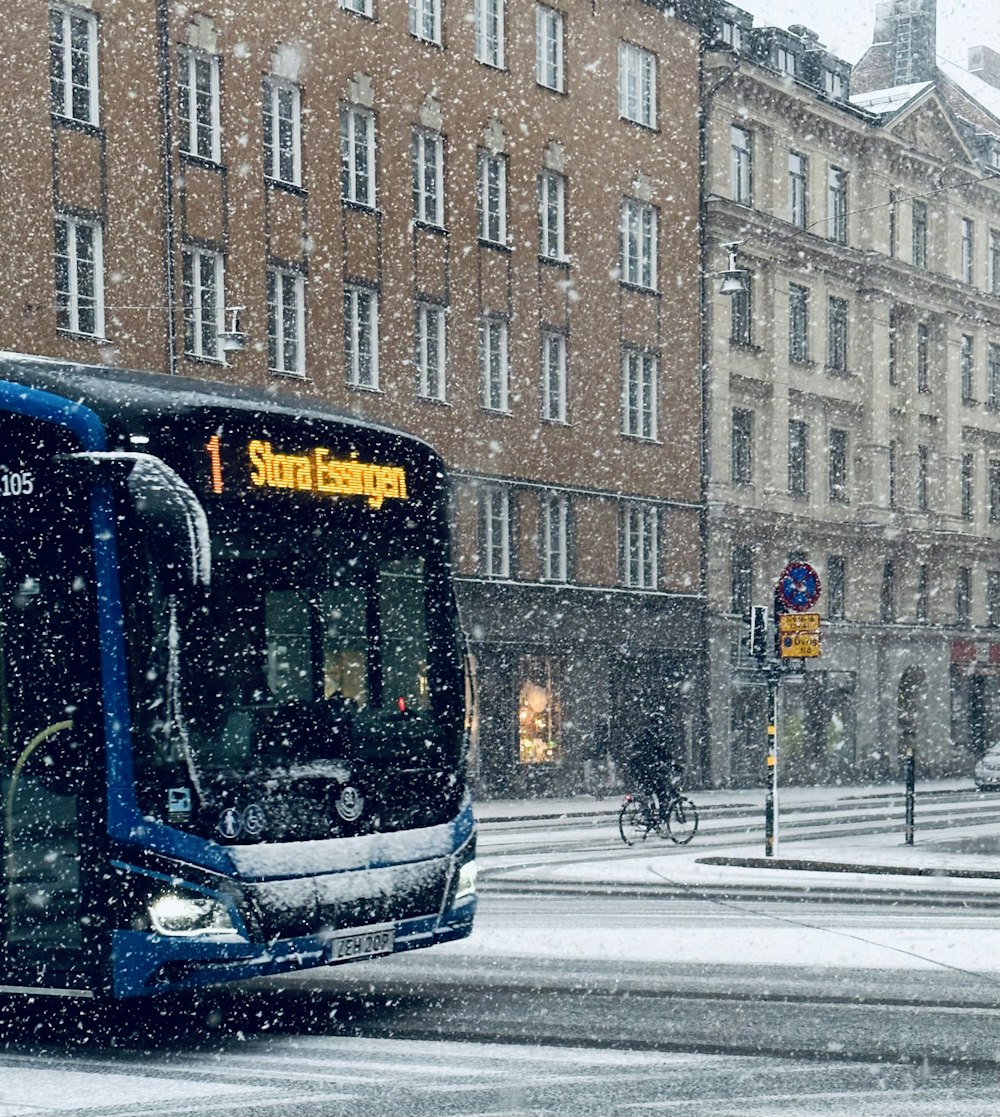 a bus driving down a street