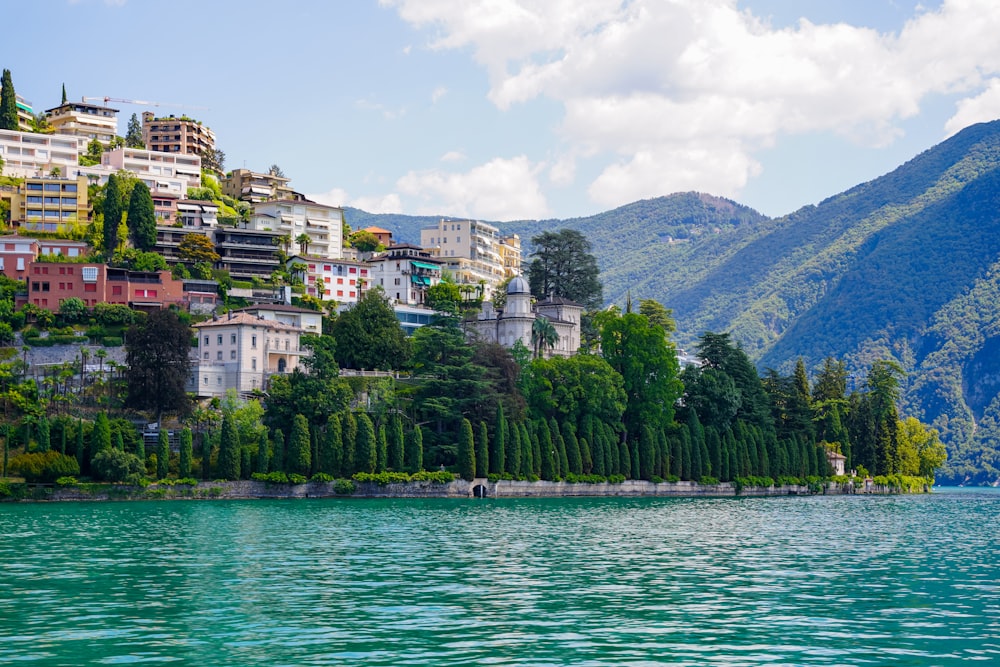 a body of water with buildings and trees by it