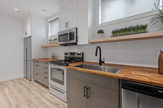 a kitchen with white cabinets