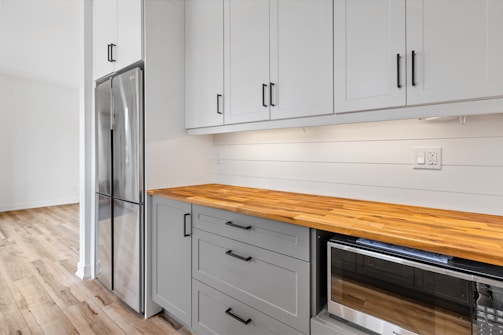 a kitchen with white cabinets