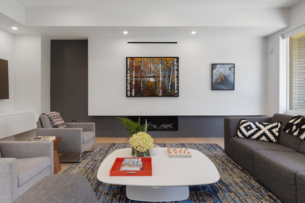 a living room with a couch and a coffee table