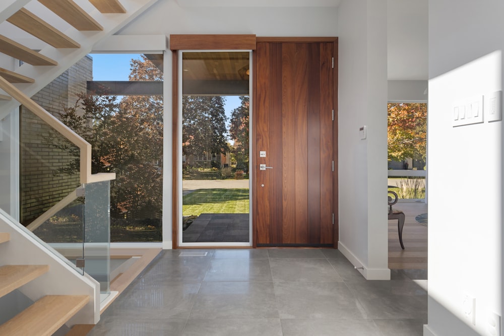 a room with a glass door