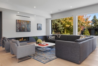 a living room with a fireplace