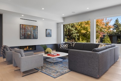 a living room with a fireplace