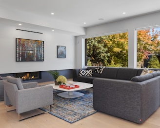 a living room with a fireplace