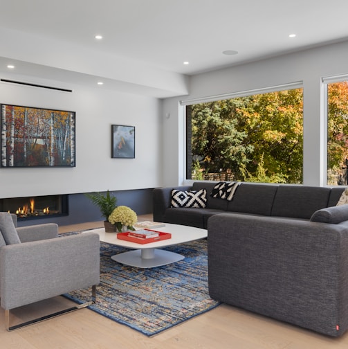 a living room with a fireplace