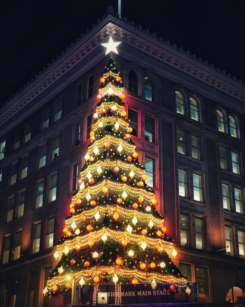 Un grand sapin de Noël devant un immeuble