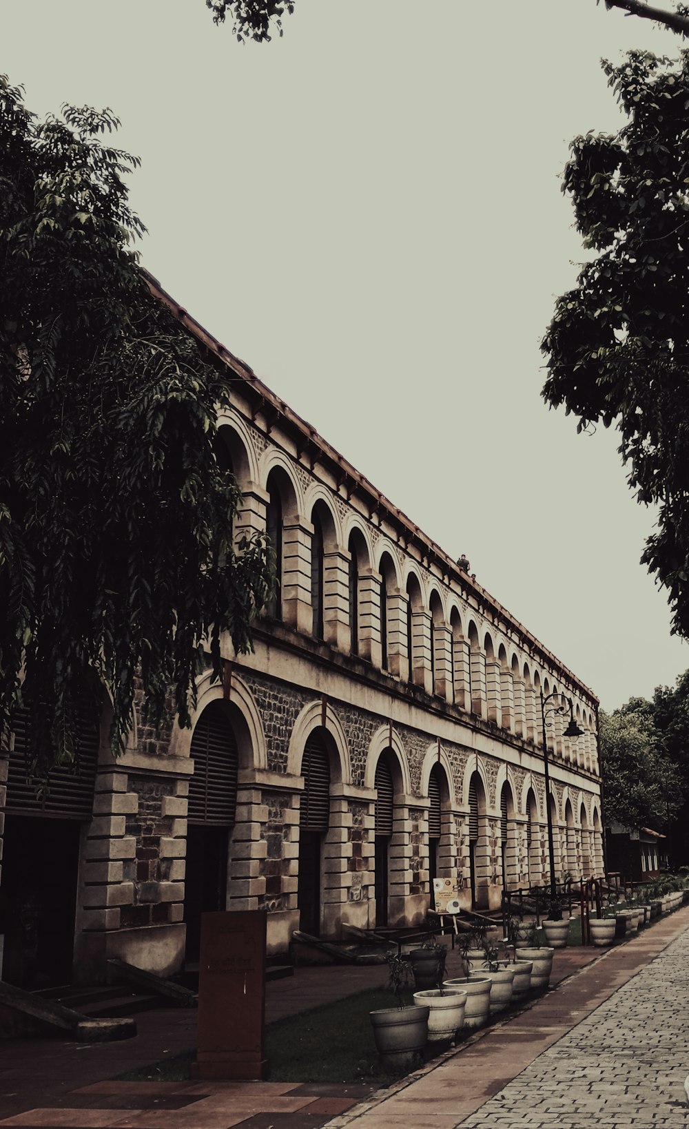 a building with a brick walkway