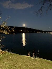 Wide shot of a golden moon reflecting on a still lake surrounded by dark trees.