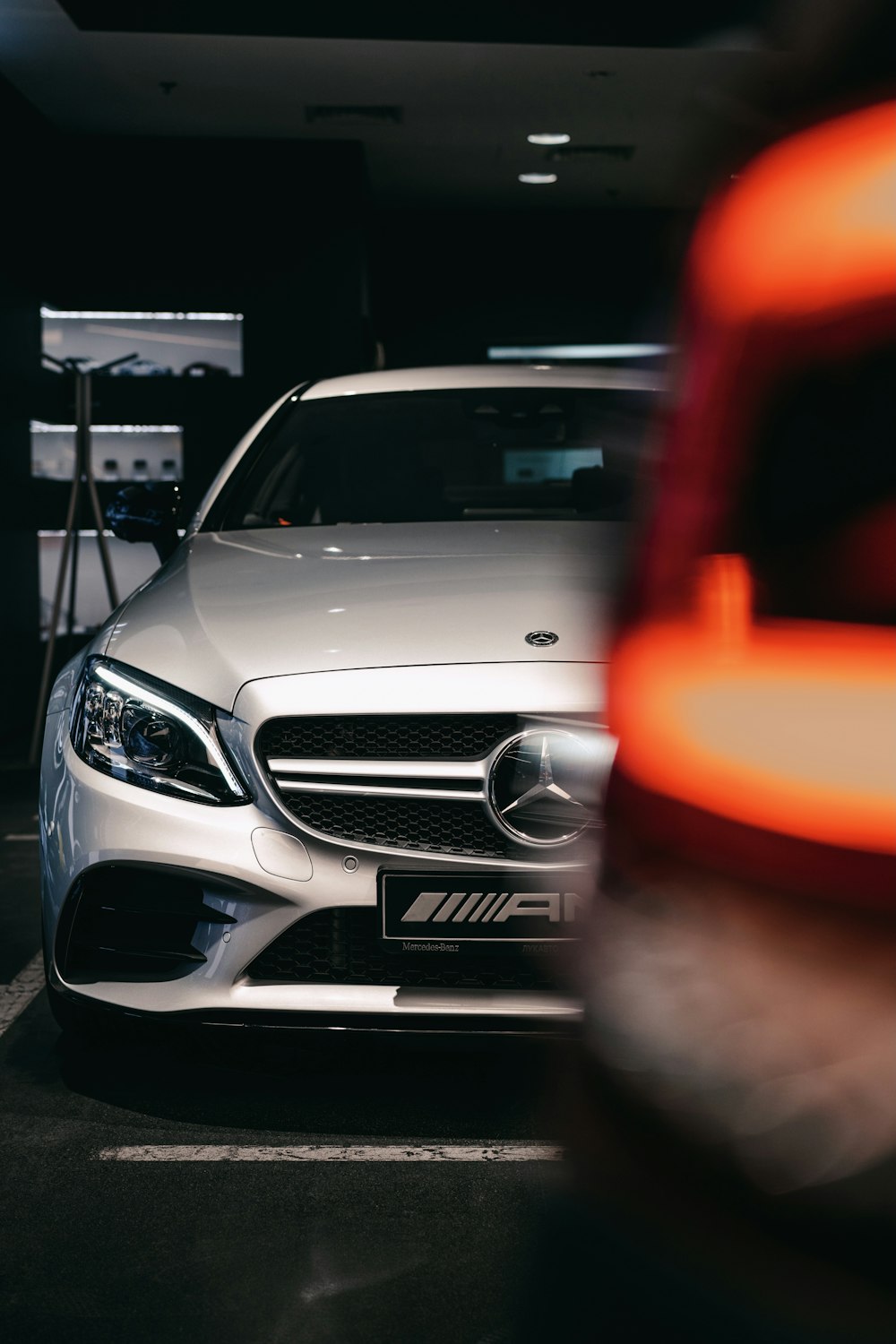 a white car in a showroom