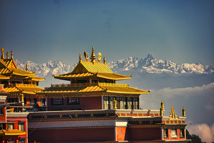 Himalayan temple with mountains in the background