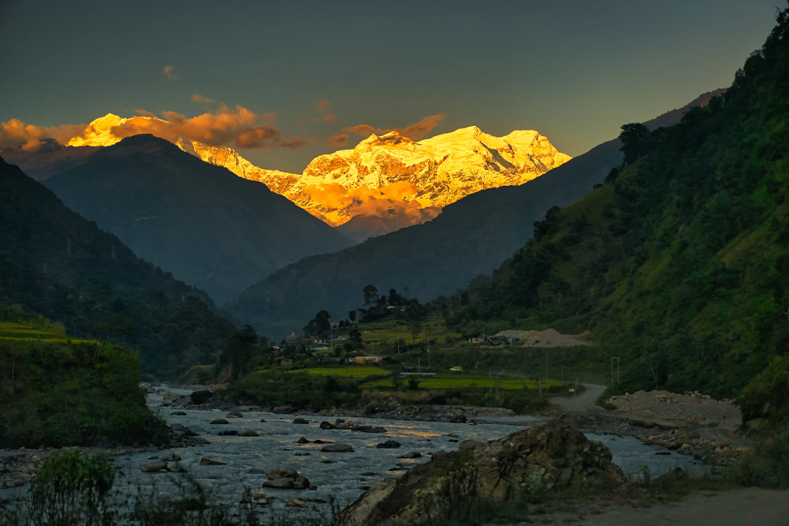 Glacial river winding through a broad mountain valley flanked by Himalayan ridges, Nepal
