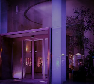 Close-up of a modern apartment entrance featuring secure access and elegant lighting.