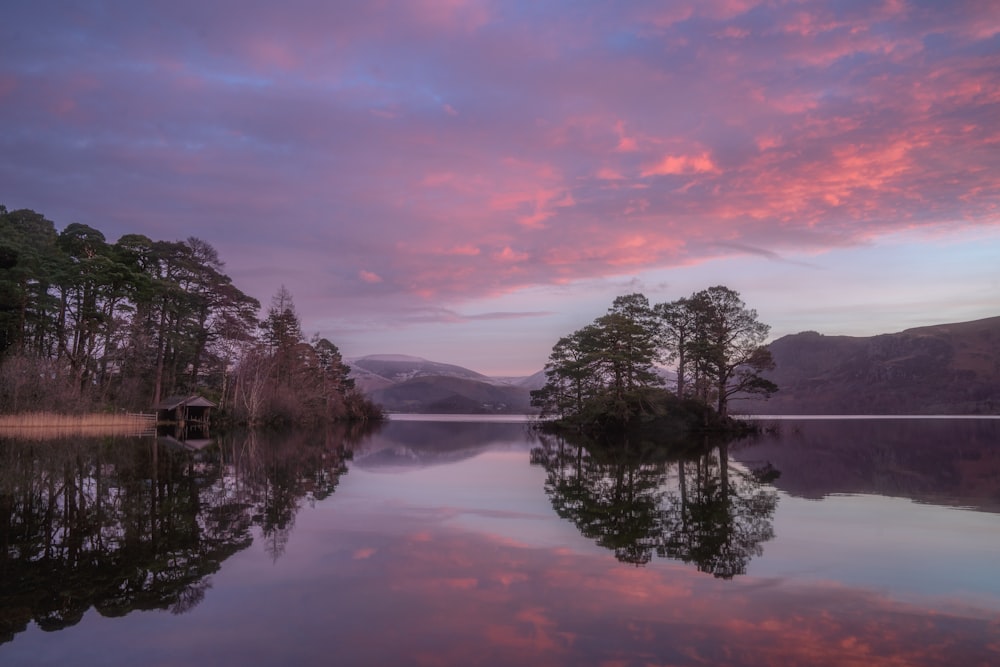 a body of water with trees and a house in the distance