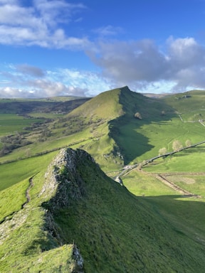 A peaceful outdoor scene with rolling green hills under a bright blue sky, dotted with wildflowers and a winding path.