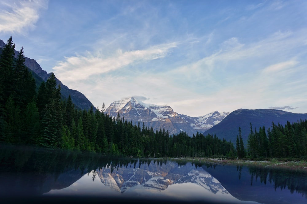 a lake surrounded by trees and mountains