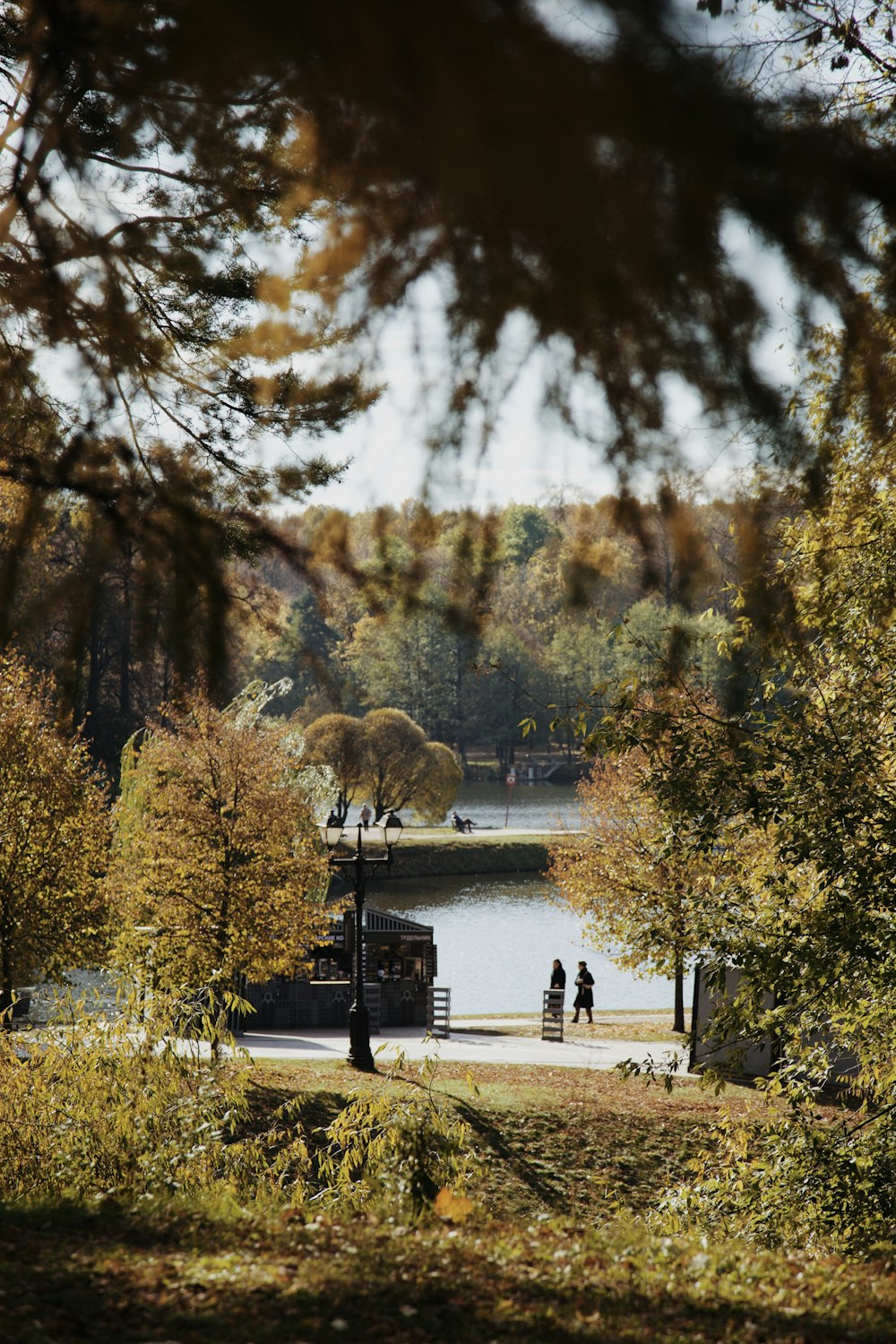 a couple of people standing on a sidewalk by a lake