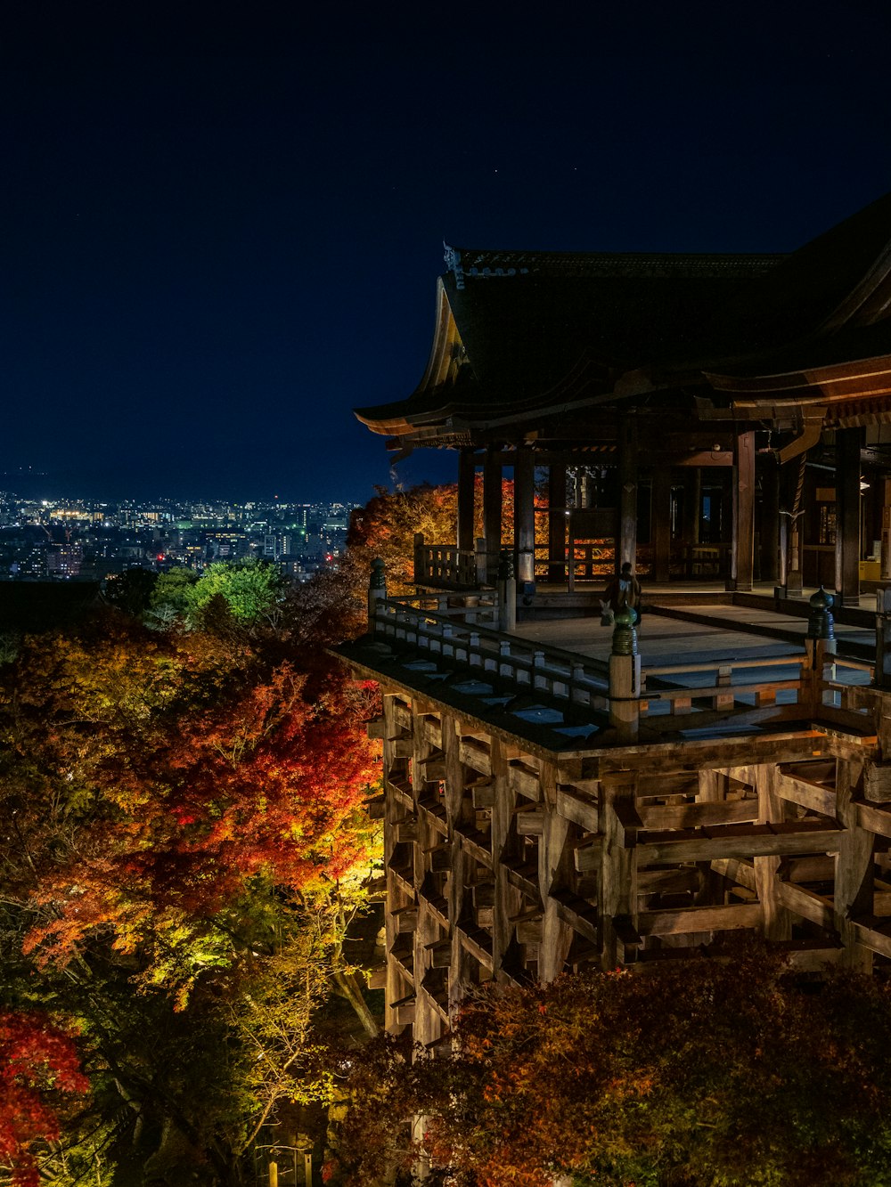 Kiyomizu-dera with a large deck and a city in the background
