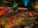 A peaceful temple nestled among autumn foliage with vibrant red and orange leaves.