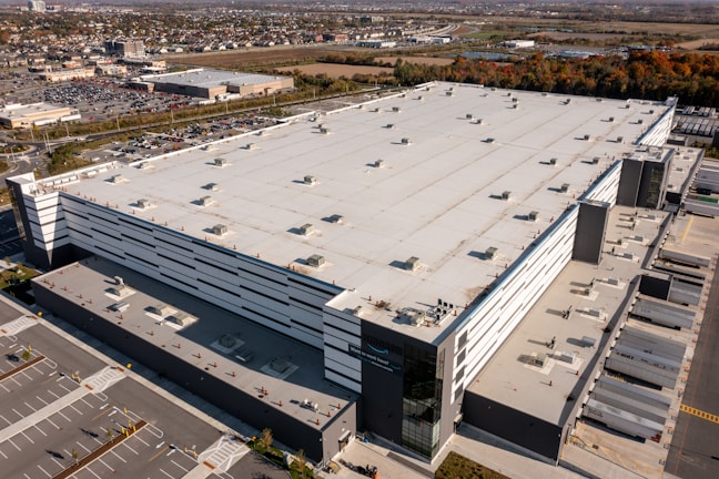 an aerial view of a large building