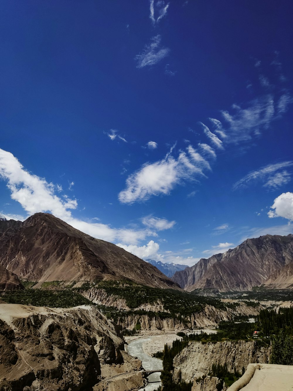 a river running through a valley between mountains