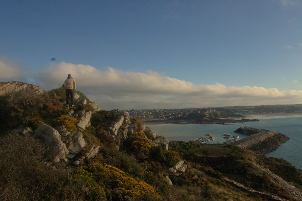 a person standing on a cliff overlooking a body of water