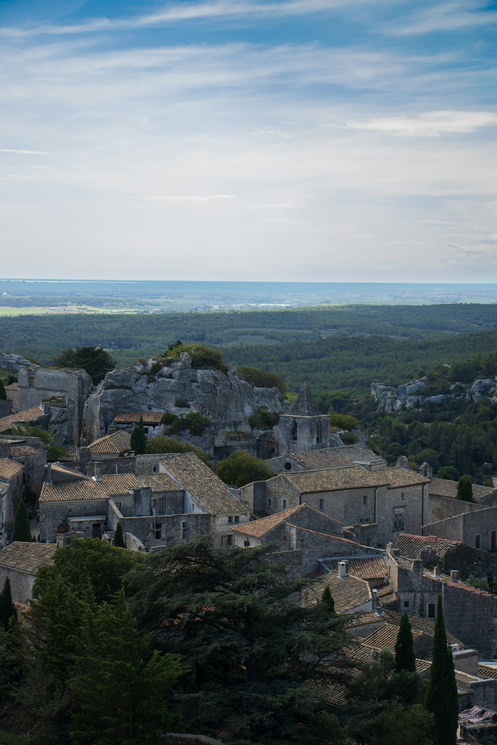 a large group of buildings on a hill with trees and water in the background