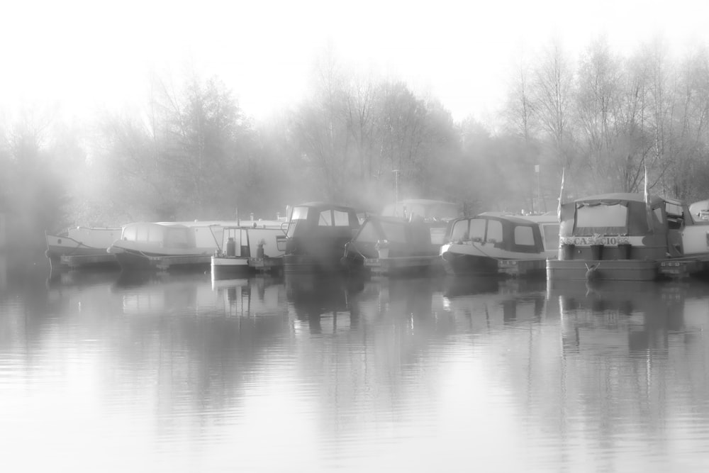 a group of boats in a lake