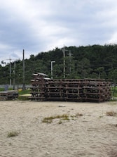 Stacked banquet tables ready for delivery on a sunny Northern California day.
