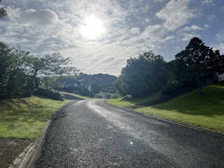 A sunny Sacramento neighborhood with smiling residents enjoying lush green lawns and clean streets under a bright blue sky.