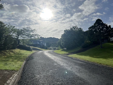 Sunlit Atlanta luxury neighborhood street with manicured lawns and upscale homes.