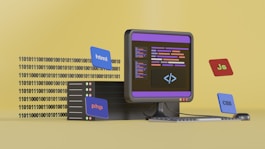 a computer screen with a keyboard and a box with a logo