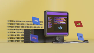 a computer screen with a keyboard and a box with a logo