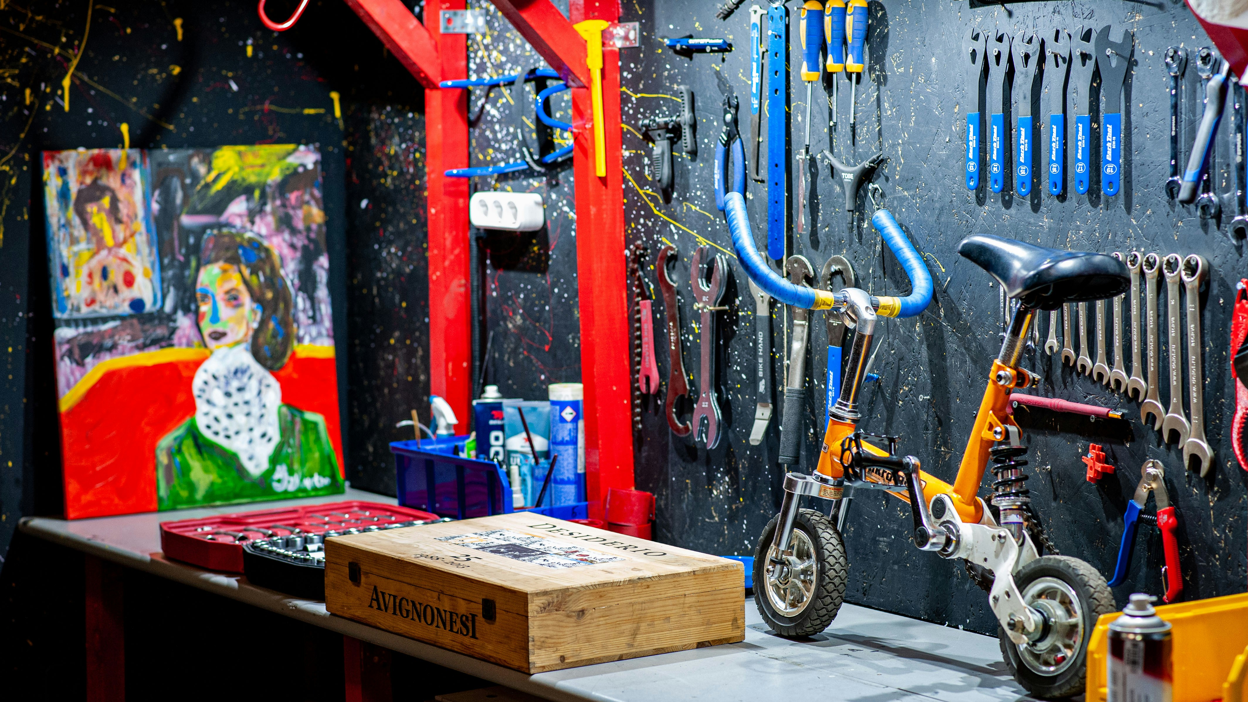 a bicycle is parked in a garage