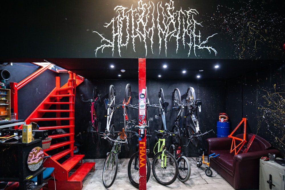 bicycles parked in a garage