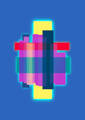 A digital abstract artwork composed of overlapping translucent rectangles in various colors, such as pink, purple, teal, red, blue, and yellow. The shapes are aligned in a symmetrical, cross-like pattern, set against a flat blue background.