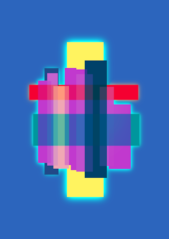 A digital abstract artwork composed of overlapping translucent rectangles in various colors, such as pink, purple, teal, red, blue, and yellow. The shapes are aligned in a symmetrical, cross-like pattern, set against a flat blue background.